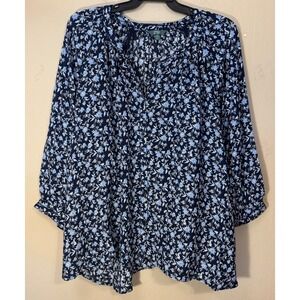Terra & Sky Blouse Women 4X Blue Floral Button Up 3/4 Sleeve Top Boho NEW